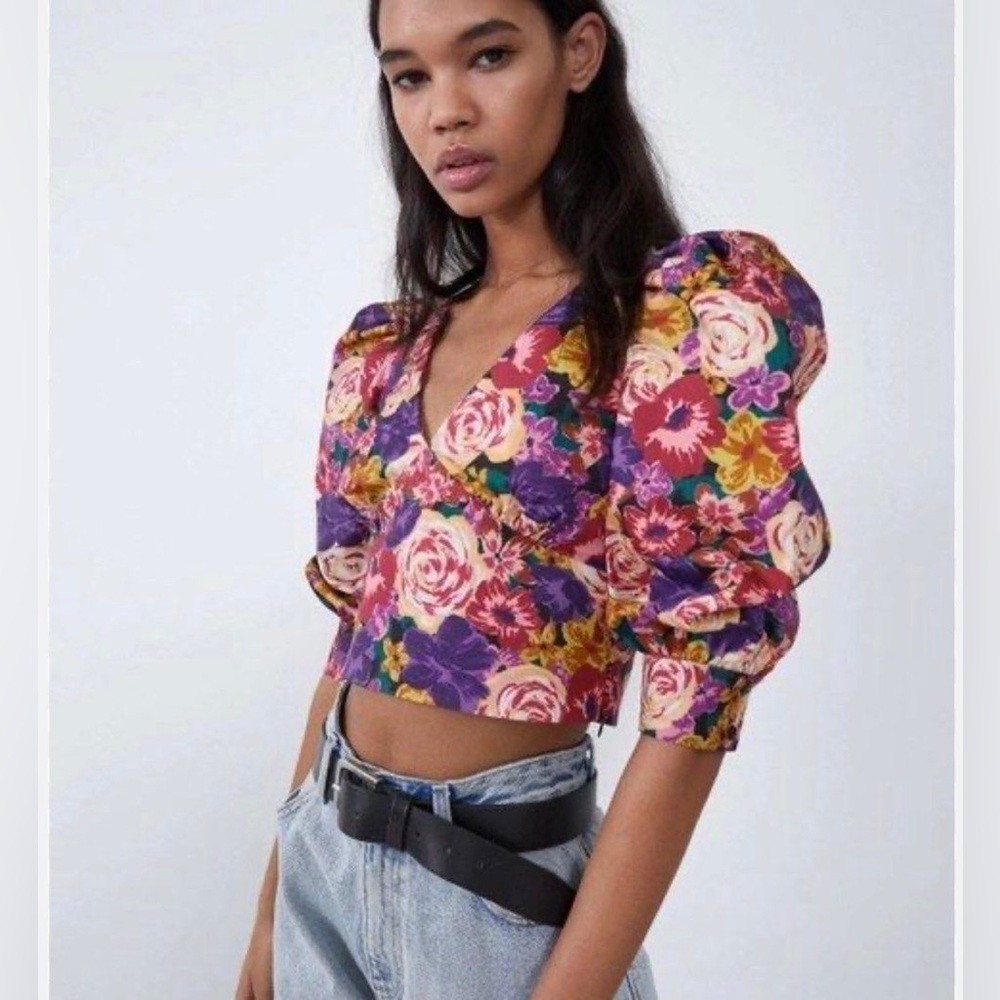Zara floral puff crop top, Size S